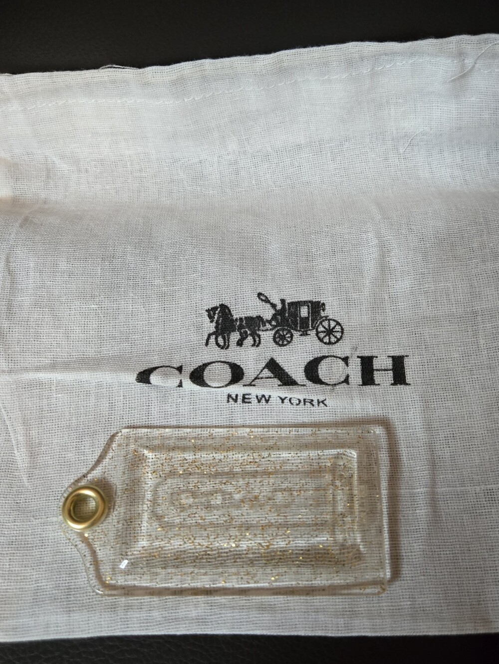 Coach Clear Resin Glitter HangTag with Gold Eyelet With Coach Dustbag 1.5 X 3.25